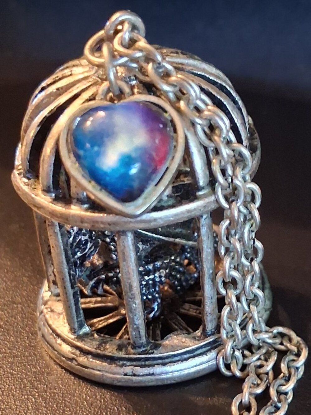 Whimsical dragon in a birdcage pendant necklace. 30 inches. Silvertone. Gothic s